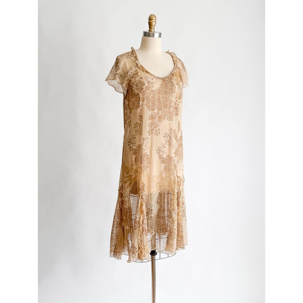 Vintage Boho Emma James Floral Midi Dress 10P Tan Gold Metallic Ruffle Chiffon‎ - Picture 4 of 7